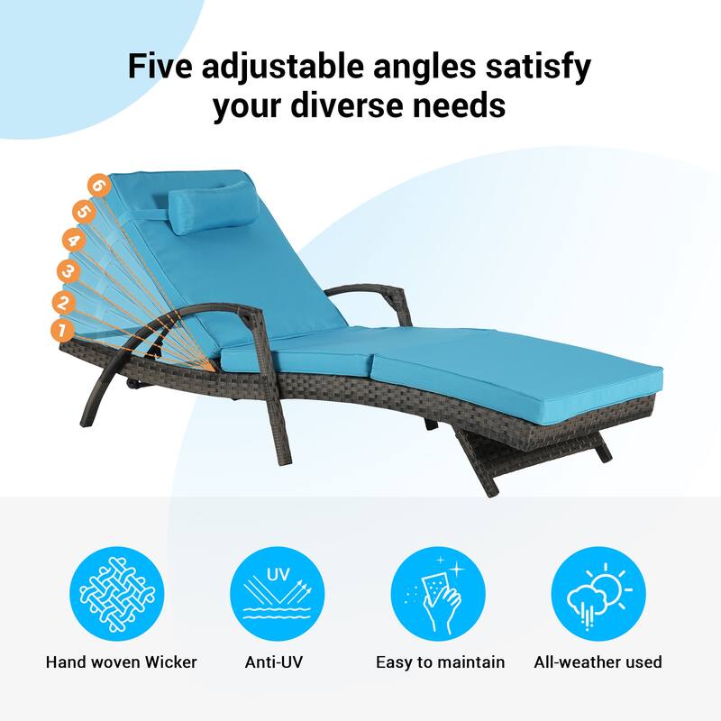Outdoor Wicker Reclining Lounge Chairs Set of 2 with Cushions – Adjustable, Lawn Chairs for Patio, Poolside, and Garden
