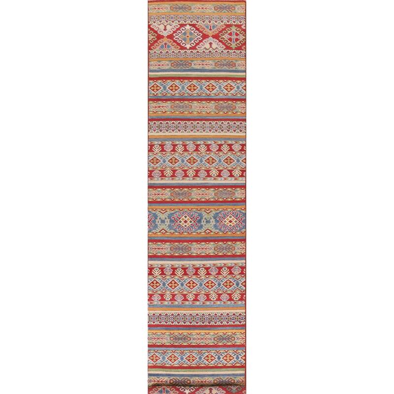 Hand Knotted Oriental 100% Wool Carpet Traditional All-Over Multi-Colored Kazak Runner Rug - 13' 10'' X 2' 6''