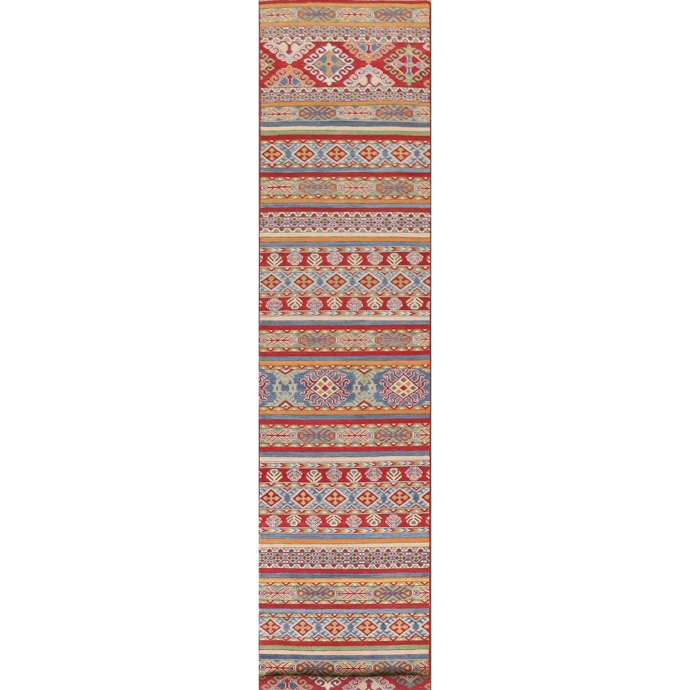 Hand Knotted Oriental 100% Wool Carpet Traditional All-Over Multi-Colored Kazak Runner Rug - 13' 10'' X 2' 6''
