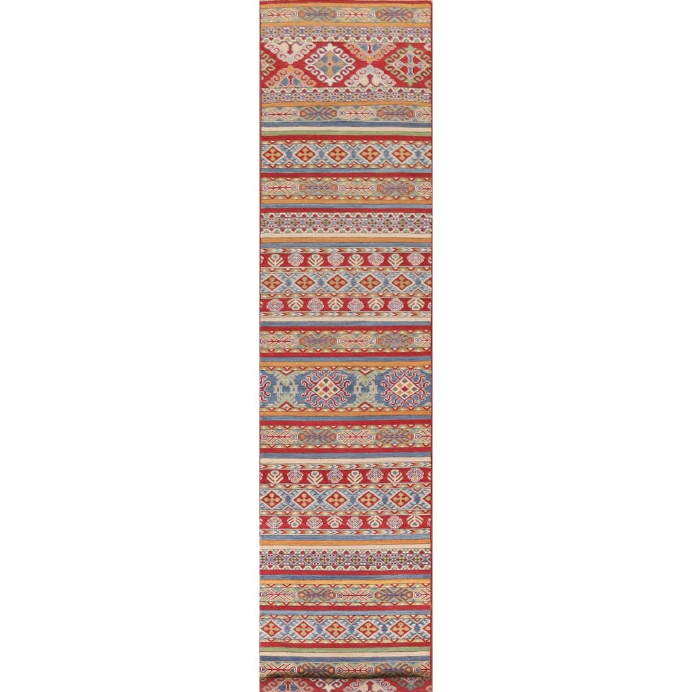 Hand Knotted Oriental 100% Wool Carpet Traditional All-Over Multi-Colored Kazak Runner Rug - 13' 10'' X 2' 6''