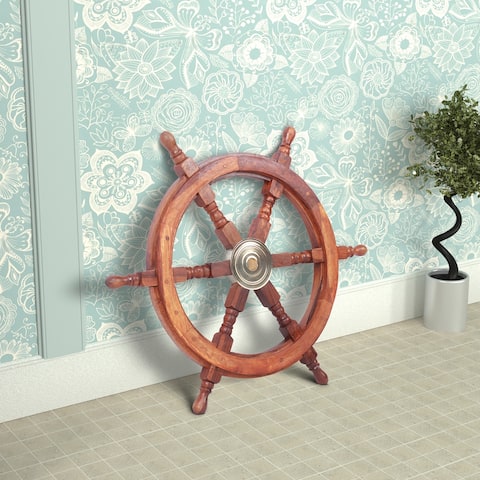 18" Teak Wood Ship Wheel with Brass Inset and Six Spokes, Brown and Gold