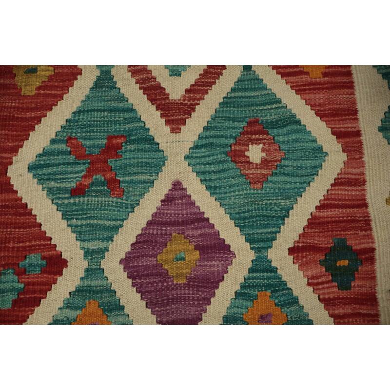 Hand Woven Oriental 100% Wool Carpet Southwestern Modern Green Kilim Runner Rug - 8' 10'' X 2' 7''