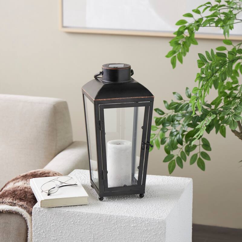 Black Metal Modern Indoor Outdoor Candle Lantern with Gold Accents - Black