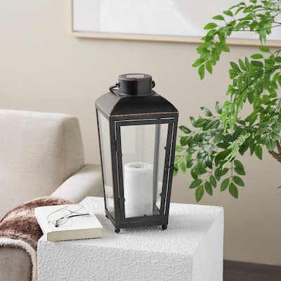 Black Metal Modern Indoor Outdoor Candle Lantern with Gold Accents