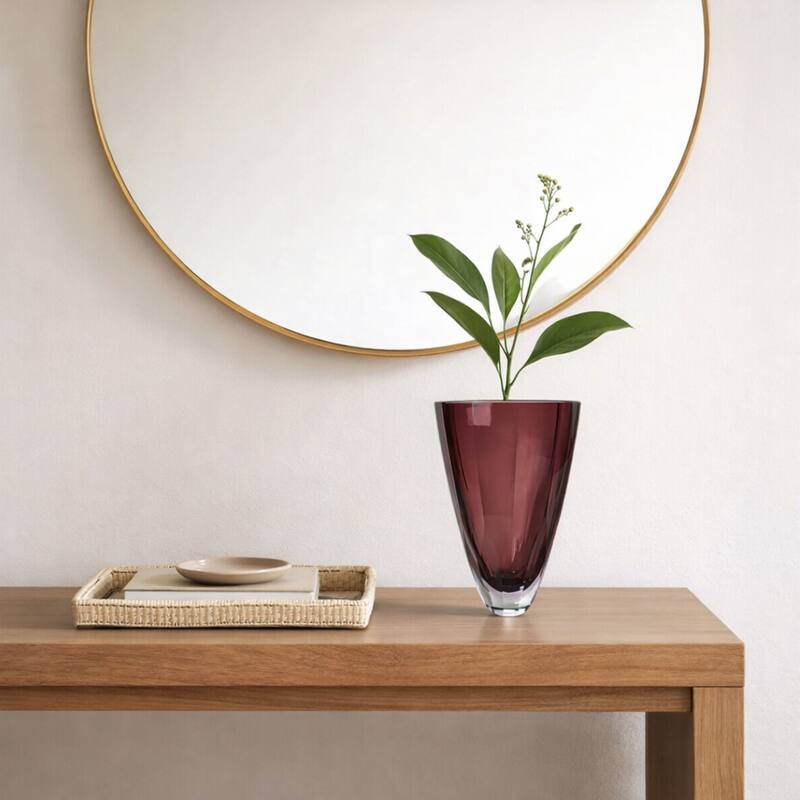 Heavy Cut Plum Glass Vase With Faceted Base And Tapered Shape
