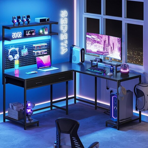 L Shaped Gaming Desk with LED Lights Pegboard and Drawers On Sale Bed Bath Beyond 39393045
