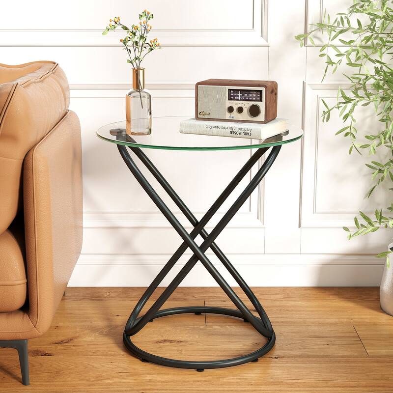 Tempered Glass Round Side/End Table with Metal Legs - 19.7"Dia Top x 21.7"H x 15.6"Dia Base