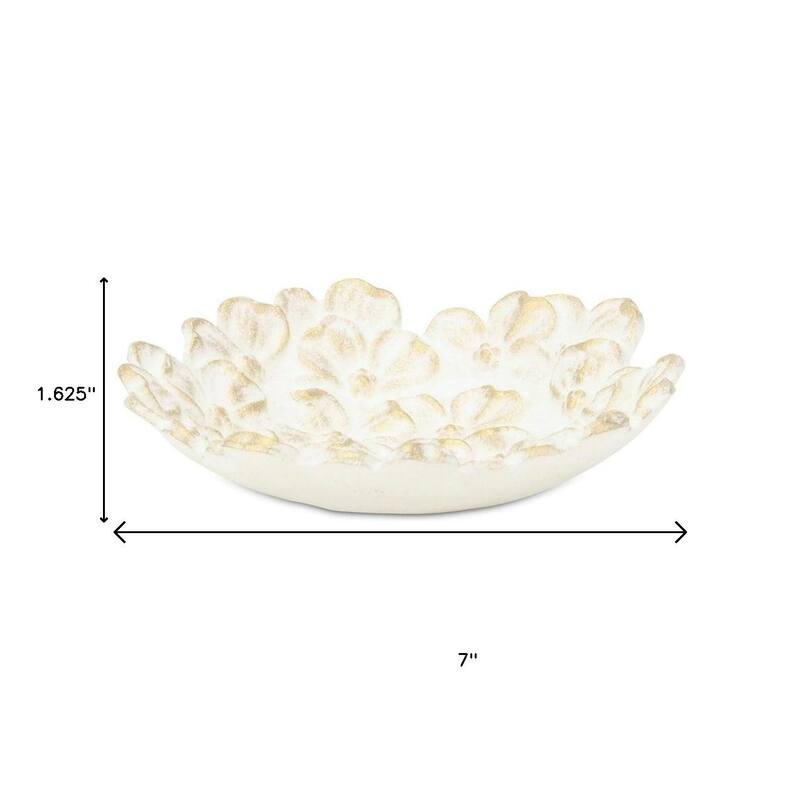 HomeRoots 7" White And Gold Cast Iron Flower Round Trinket Tray - 7.00 in. x 1.62 in. x 7.00 in.
