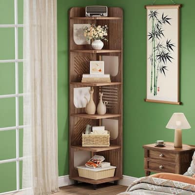 Premium 6 Tier Narrow Corner Bookshelf Full Brown Wooden Storage Shelf with Metal Legs and Anti Tipping Device
