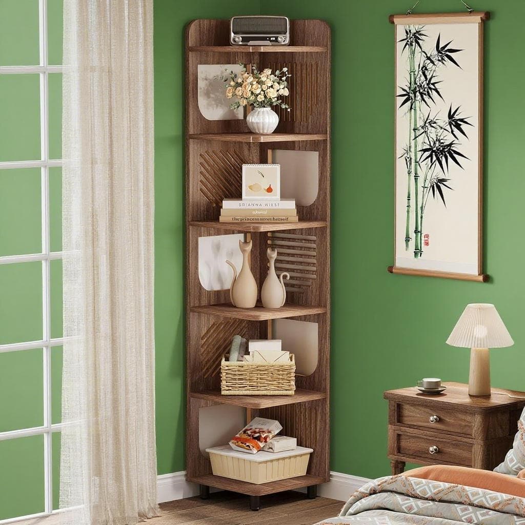 Premium 6 Tier Narrow Corner Bookshelf Full Brown Wooden Storage Shelf with Metal Legs and Anti Tipping Device