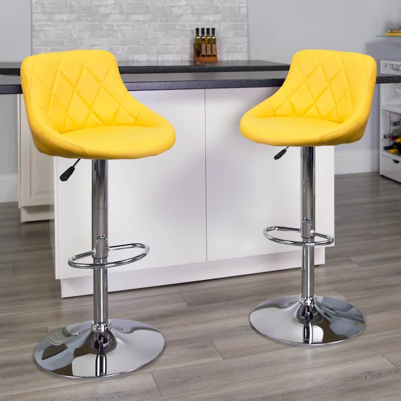 Vinyl Bucket Seat Adjustable Diamond Back Barstool (Set of 2) - 18.50"W x 19"D x 33.25" - 41.75"H - Yellow