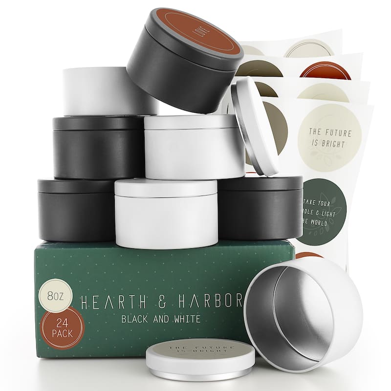 Hearth & Harbor Candle Tins - Candle Jars for Making Candles - DIY Candle Containers with Lids - 8Oz - Set of 24 - Black and White
