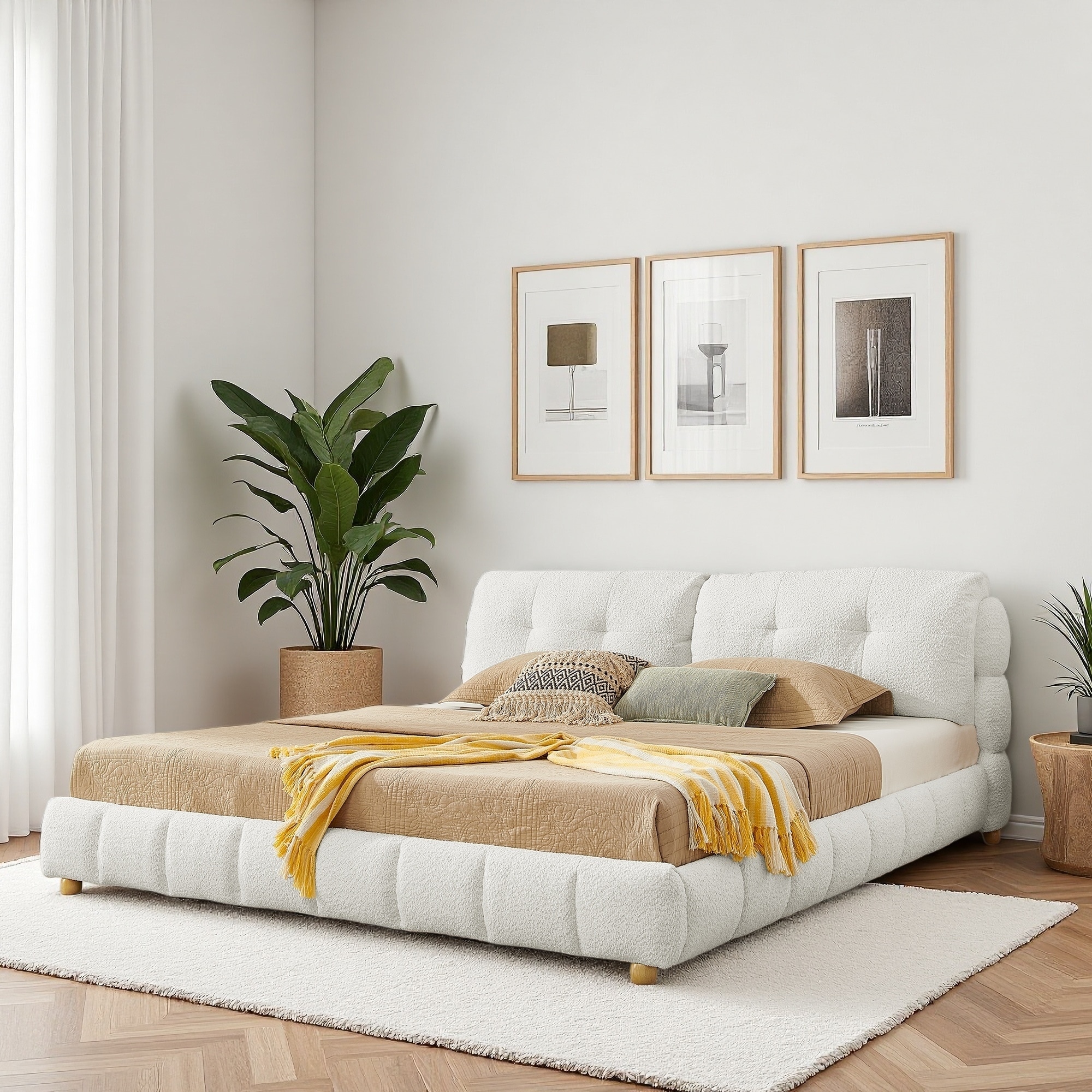 Upholstered Platform Bed with Solid Wood Legs and Tufted Cloud Headboard