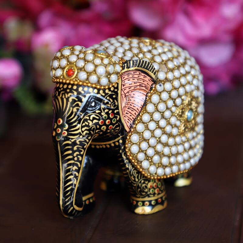 Cottage Handicraft - Handcrafted Pearl Embellished Elephant, Vintage Elephant Wooden Sculpture for Living room Home Decor Gift
