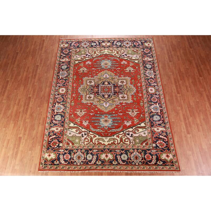 Geometric Heriz Serapi Oriental Area Rug Handmade Orange Wool Carpet - 8'11" x 12'0"