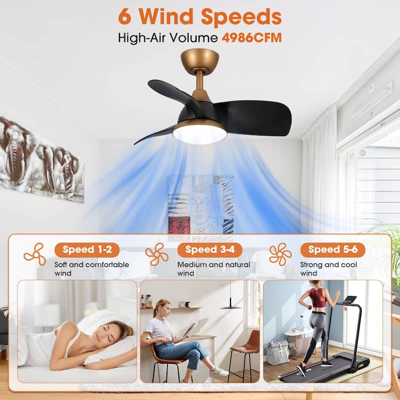 28" Black Modern Dimmable LED Ceiling Fan with Light and Remote