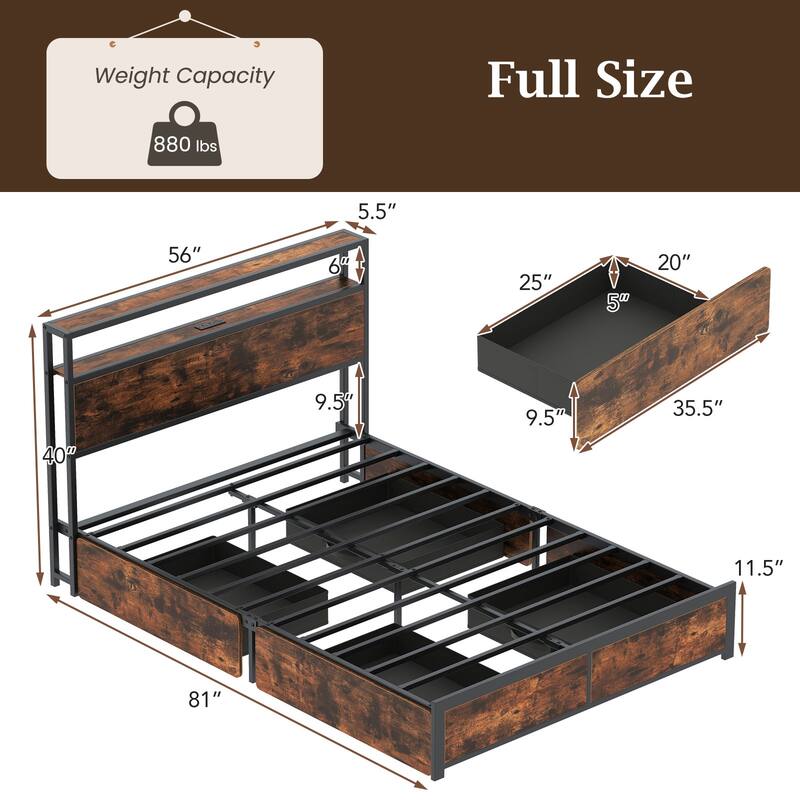 Gymax Full Size LED Bed Frame w/2-Tier Storage Headboard & 4 Drawers