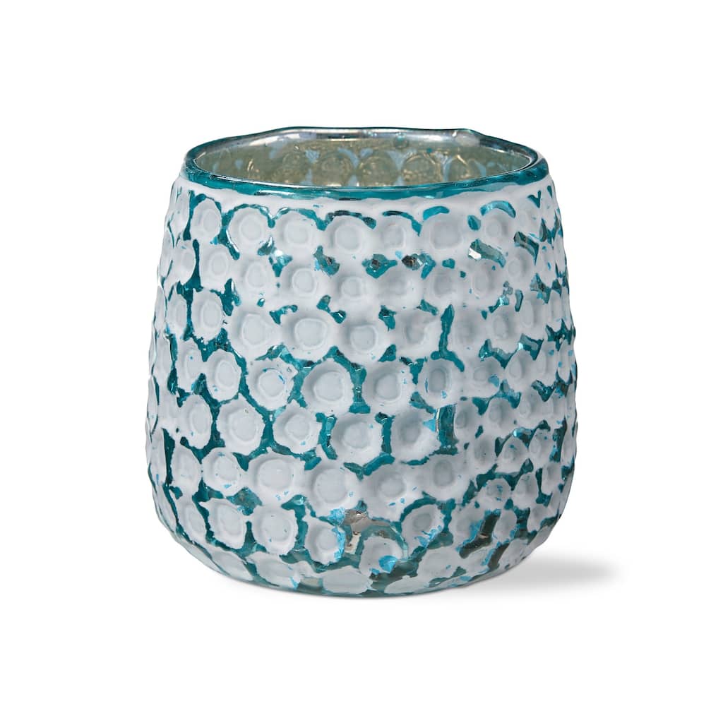 Andera Coastal Turquoise White Glass Tealight Candle Holder for Tabletop Mantel Wedding Decorations, 3.9 inch - Blue