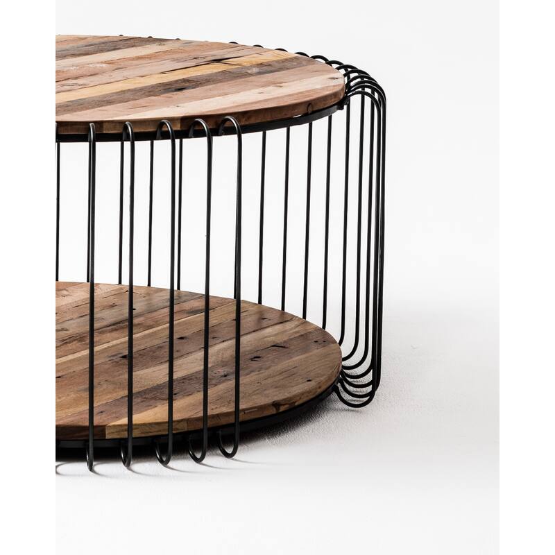 HomeRoots 32" Black and Natural Reclaimed Wood and Iron Round Coffee Table - 15.75" H x 31.5" W x 31.5" D