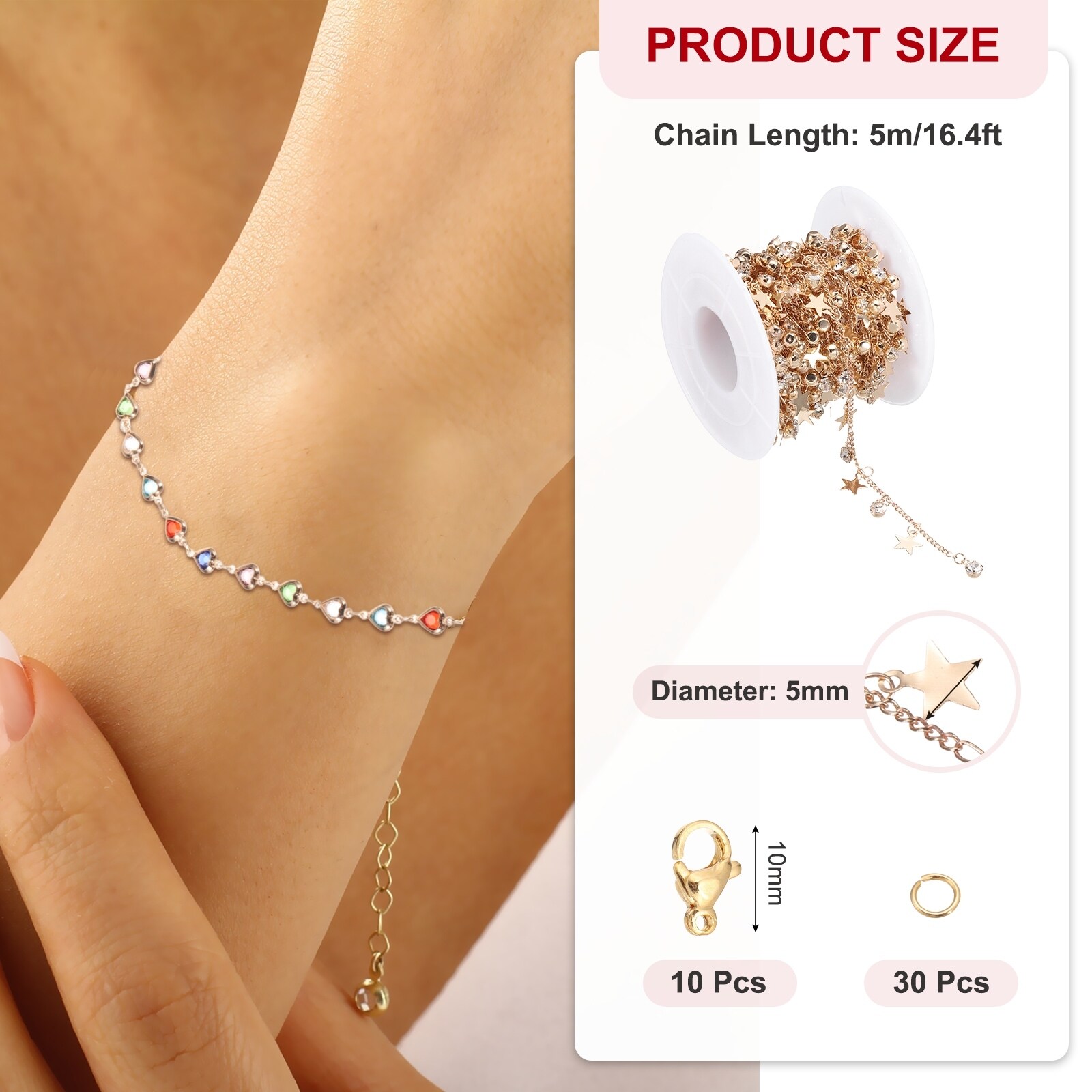 16.4Ft Star Rhinestone Chain Roll, Jewelry Making Chain, Rose Gold(White) - 5m/16.4ft