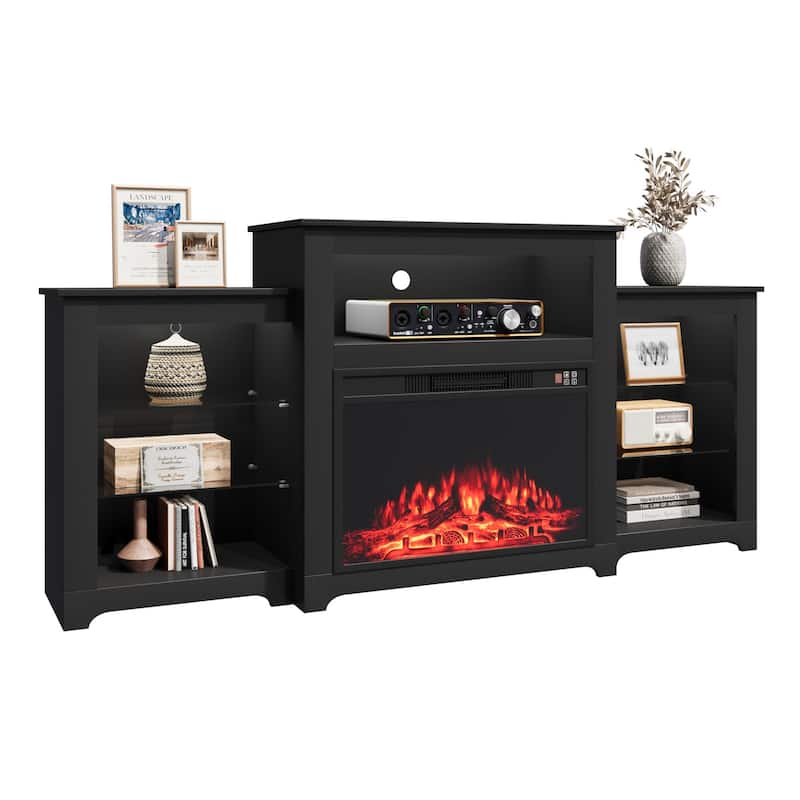 32" H Fireplace TV Stand, 55/70 Inch Media Console for TVs up to 80", Remote, Storage & LED Lights