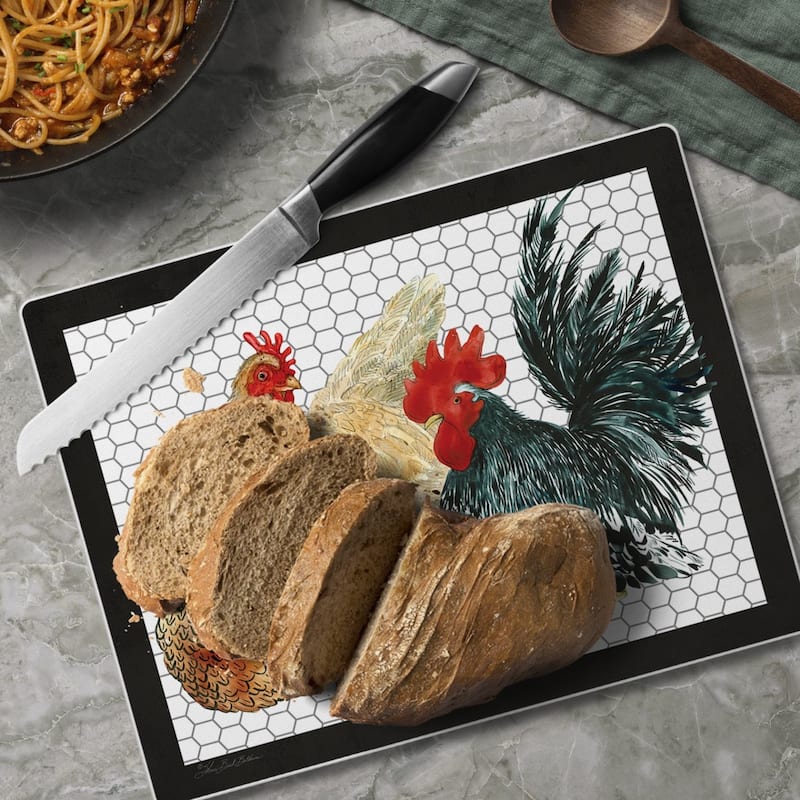 Whimsical Roosters 3mm Heat Tolerant Tempered Glass Cutting Board 10” x 8” Manufactured in the USA Dishwasher Safe - Multi