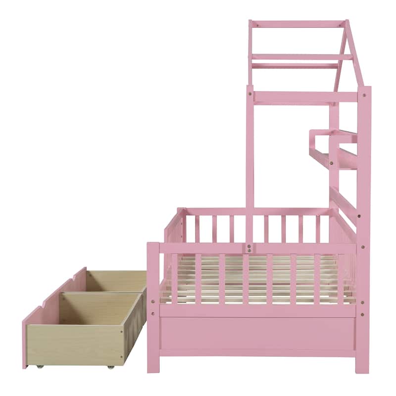 Wood House Bed with 2 Drawers, Kids Bed with Storage Shelf