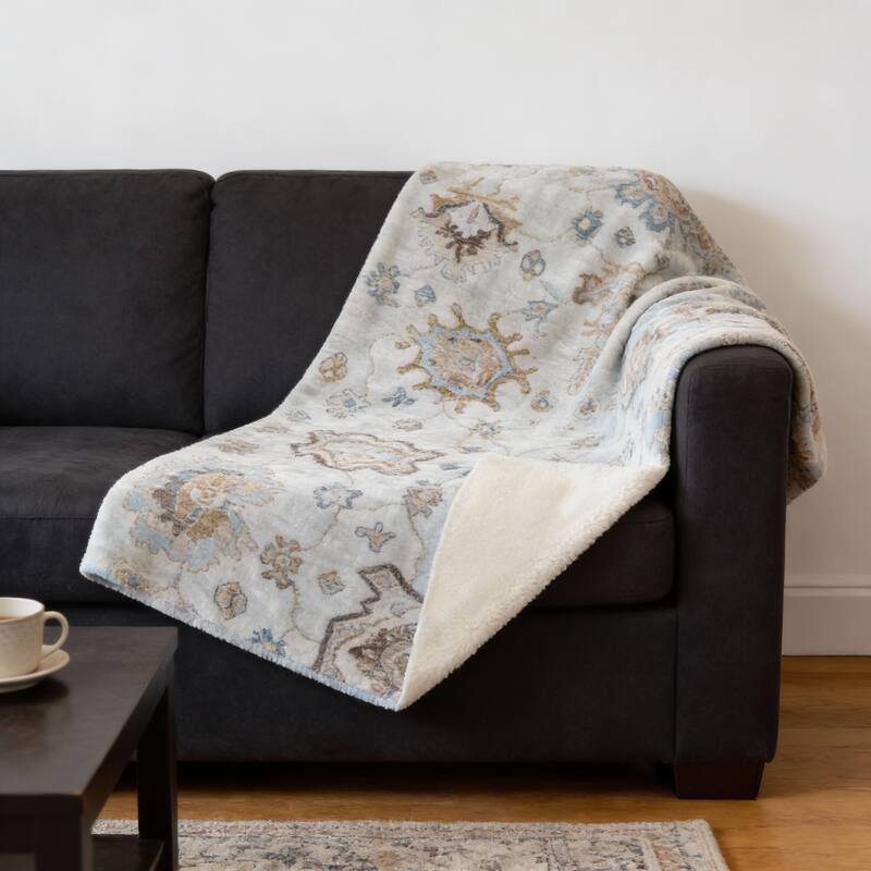 HomeRoots 50" X 70" Linen Coffee And Teal Floral Microfiber Plush Throw Blanket - Throw - Coffee/Linen/Teal
