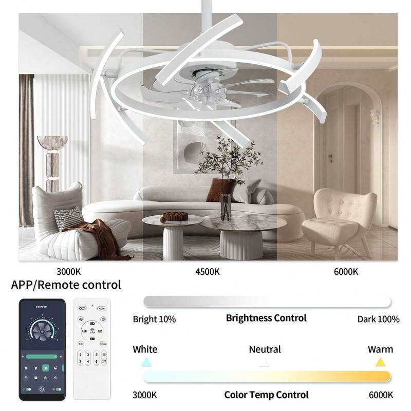 Cusp Barn 24-Inch Dimmable LED 6-DIY Shape Smart Ceiling Fan With Light, 6-Speed Reversible Ceiling Fan Light With Remote
