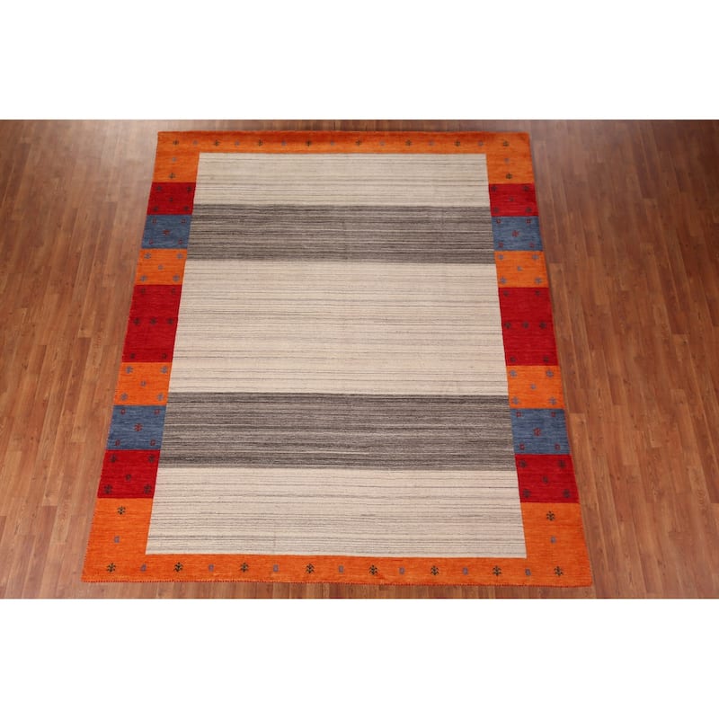 Striped Gabbeh Indian Area Rug Hand-Knotted Tribal Wool Carpet - 8'5"x 9'9"
