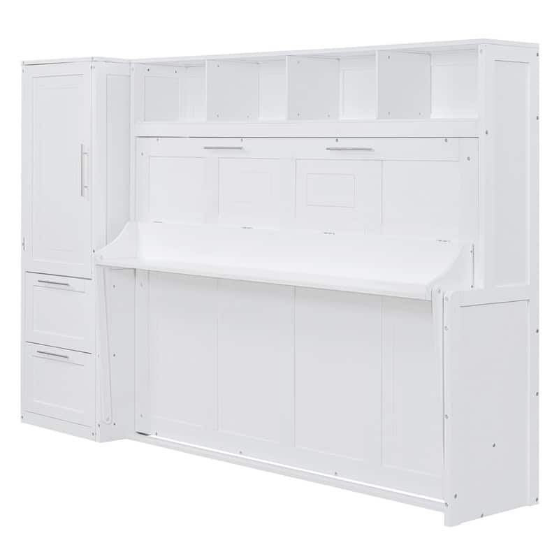 Full Size Wood Murphy Bed with Shelves,Wall Bed with Closet and Drawers