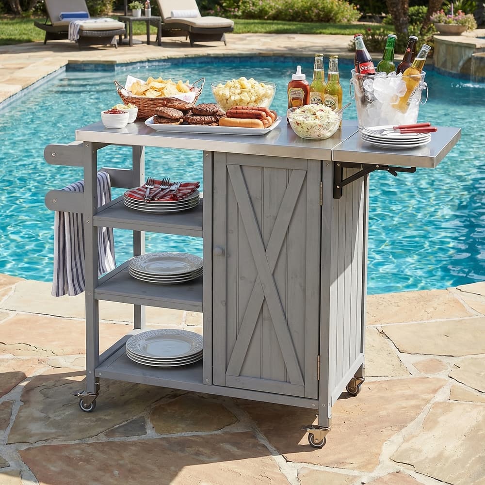 Foldable Outdoor Kitchen Island Cart with Lockable Wheels and Storage Cabinet