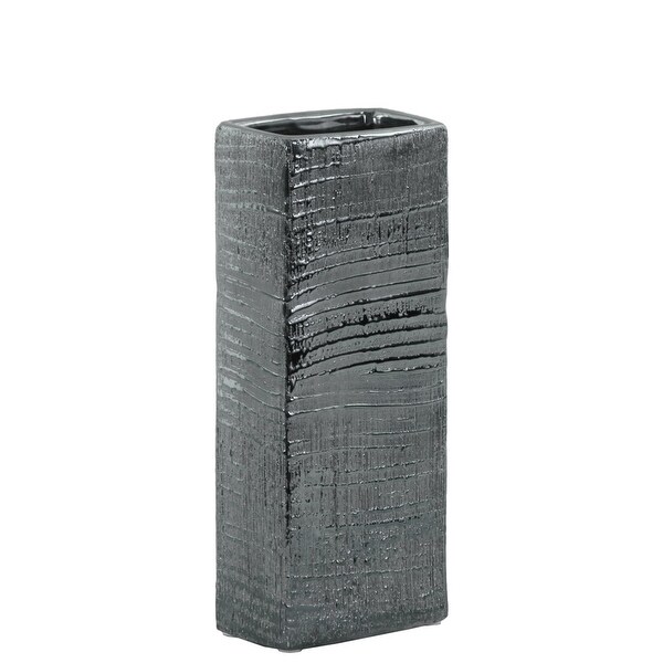 Ceramic Tall Rectangular Ribbed Design Vase, Small, Distressed Silver Finish