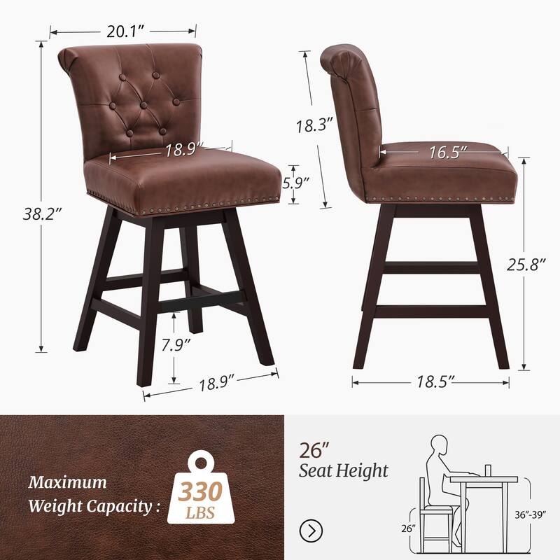 Modern 26.in Swivel Bar Stool Armless Counter Height Stool with Wooden Legs for Kitchen Island