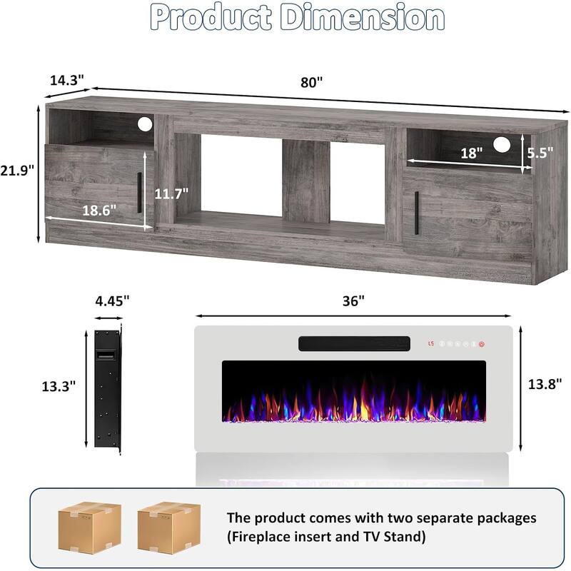 Bossin 80" Fireplace TV Stand with 36" Electric Fireplace, TV Stand for TVs Up to 90", 16 Colors LED Lights/Entertainment Center