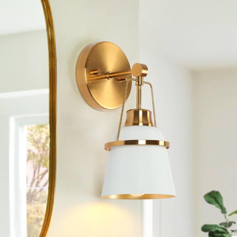 Mid-century Modern Glam White 1-Light Brass Gold Bathroom Vanity Lights with Cone Metal Shade - L 4.7"* D 5.7"* H 11"