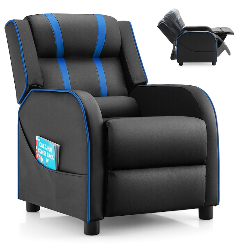 Gymax Kids Recliner Chair Ergonomic Leather Sofa Armchair w/Footrest - Black + Blue