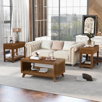 Groove Design Table Sets with 1 Center Coffee Table and 2 End Tables, Tea Table Sets with Open Storage Shelf and Solid Wood Legs