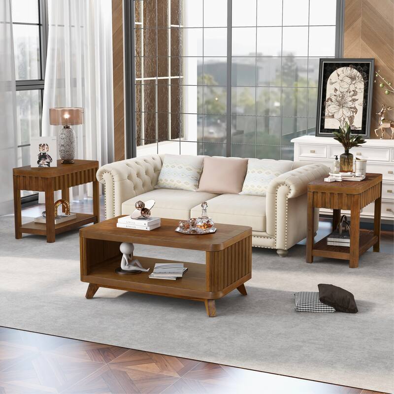 Rectangular Wooden Coffee Table Wooden Center Coffee Table with Open Storage Shelf Solid Wood Legs for Living Room