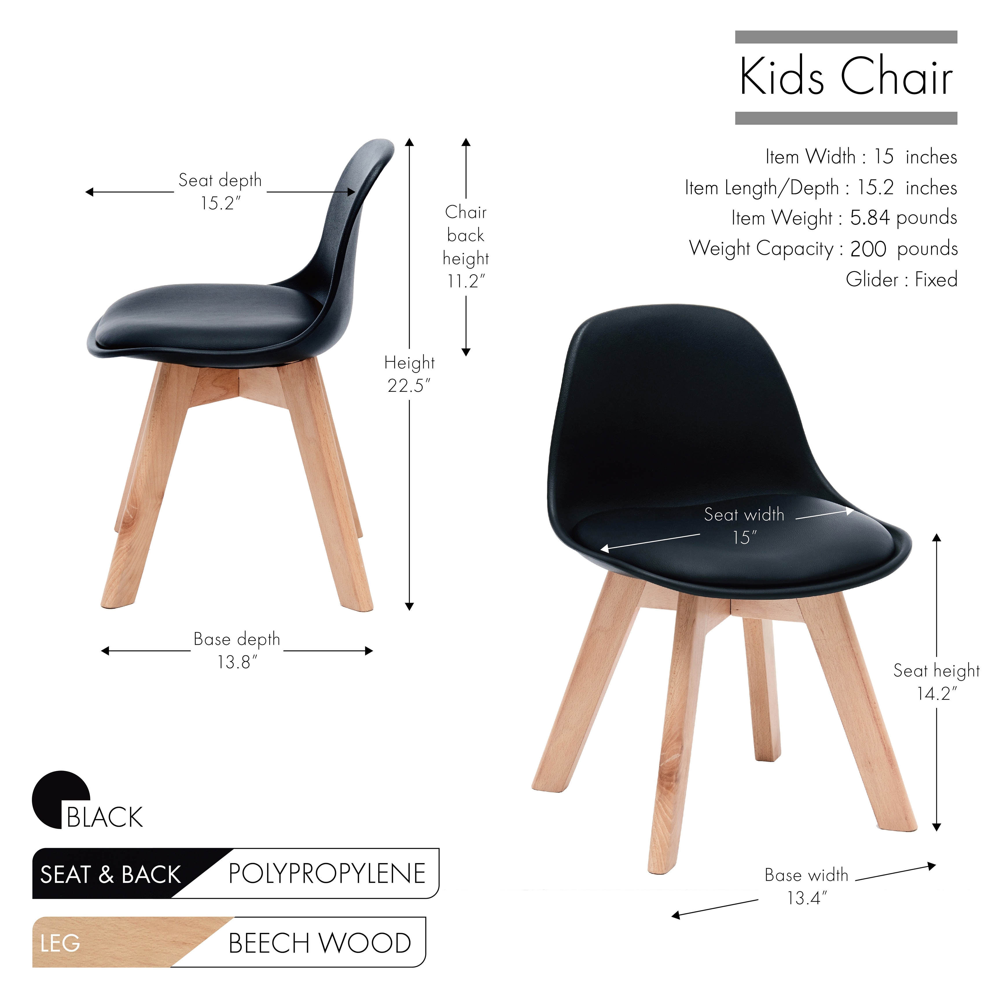 Plastic Shell with Seat Cushion Living Room and Playroom Porthos Home Brynn Kids Chair for Bedroom Sturdy Beech Wood Legs