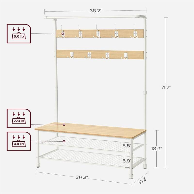 Hall Tree with Shoe Storage Bench for Entryway - 16.3 x 39.4 x 71.7 