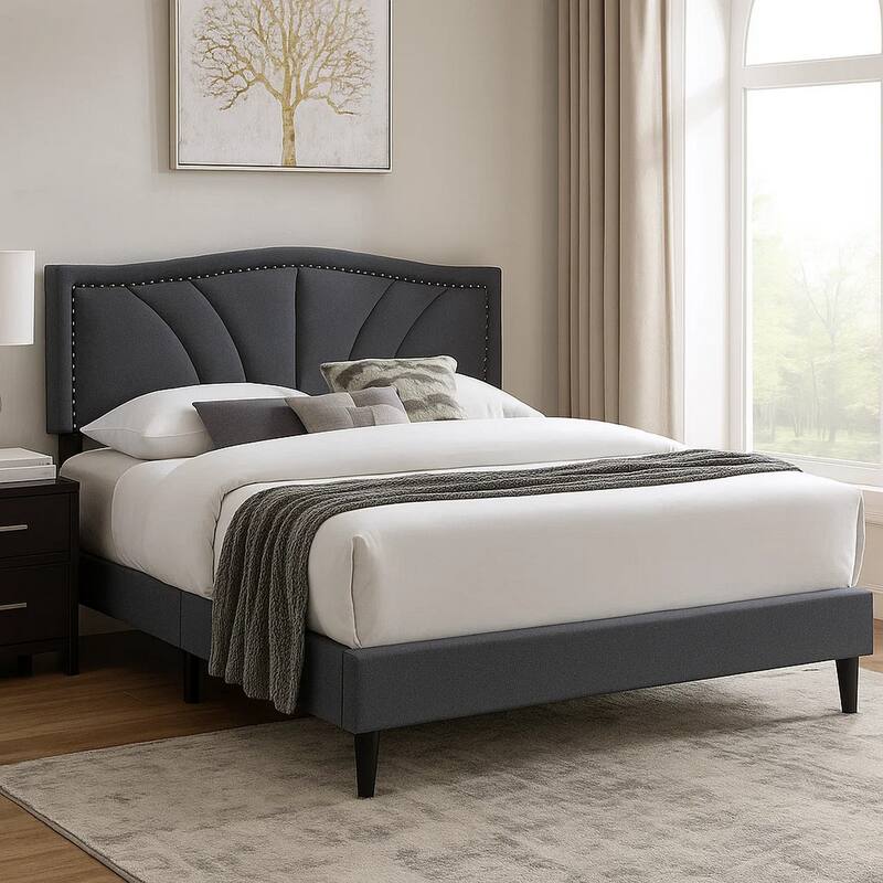 Carie Full Bed, Charcoal Gray Burlap Upholstery, Padded Headboard