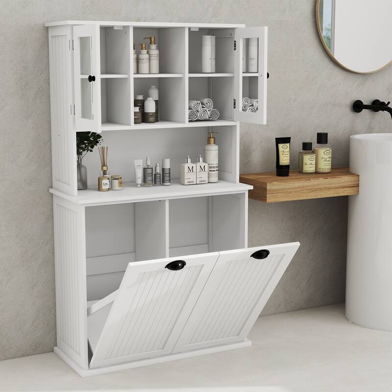 2-Compartment Tilt-Out Laundry Hamper, Tall Bathroom Cabinet w/Shelves