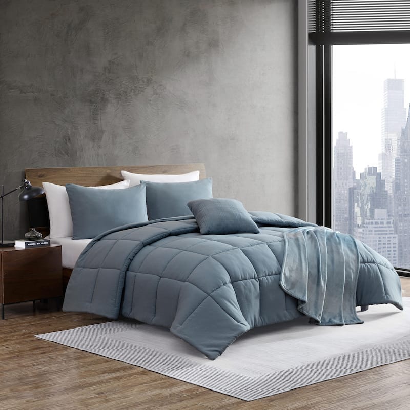Kenneth Cole Reaction Solid Cotton Blue Reversible Bonus Comforter Set
