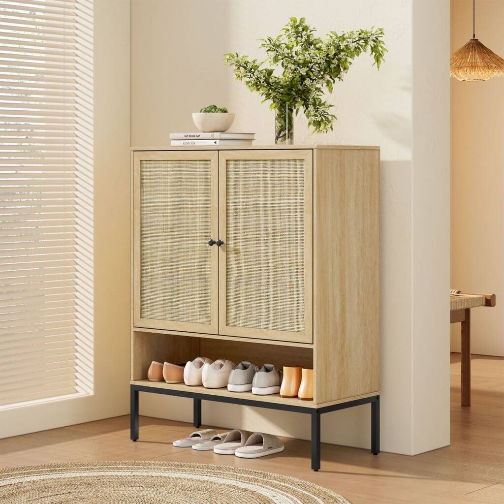Boho Natural Rattan Double Door Shoe Cabinet