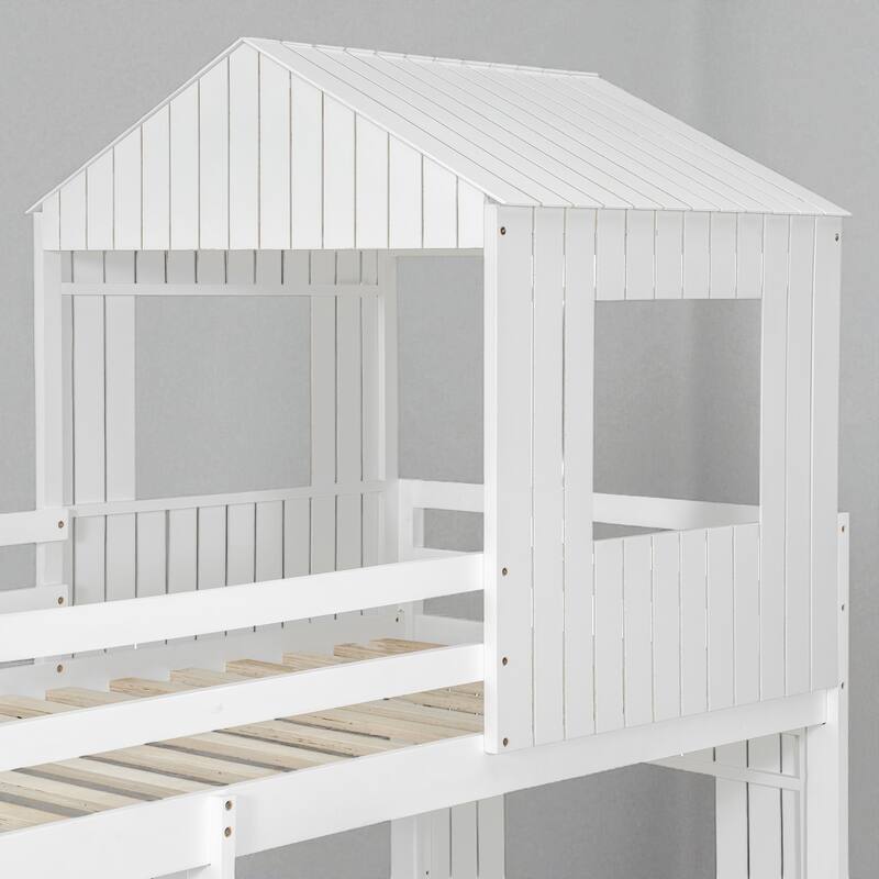 Wooden Twin Over Full Bunk Bed with Playhouse Design, Farmhouse Loft Bed with Ladder and Guardrails