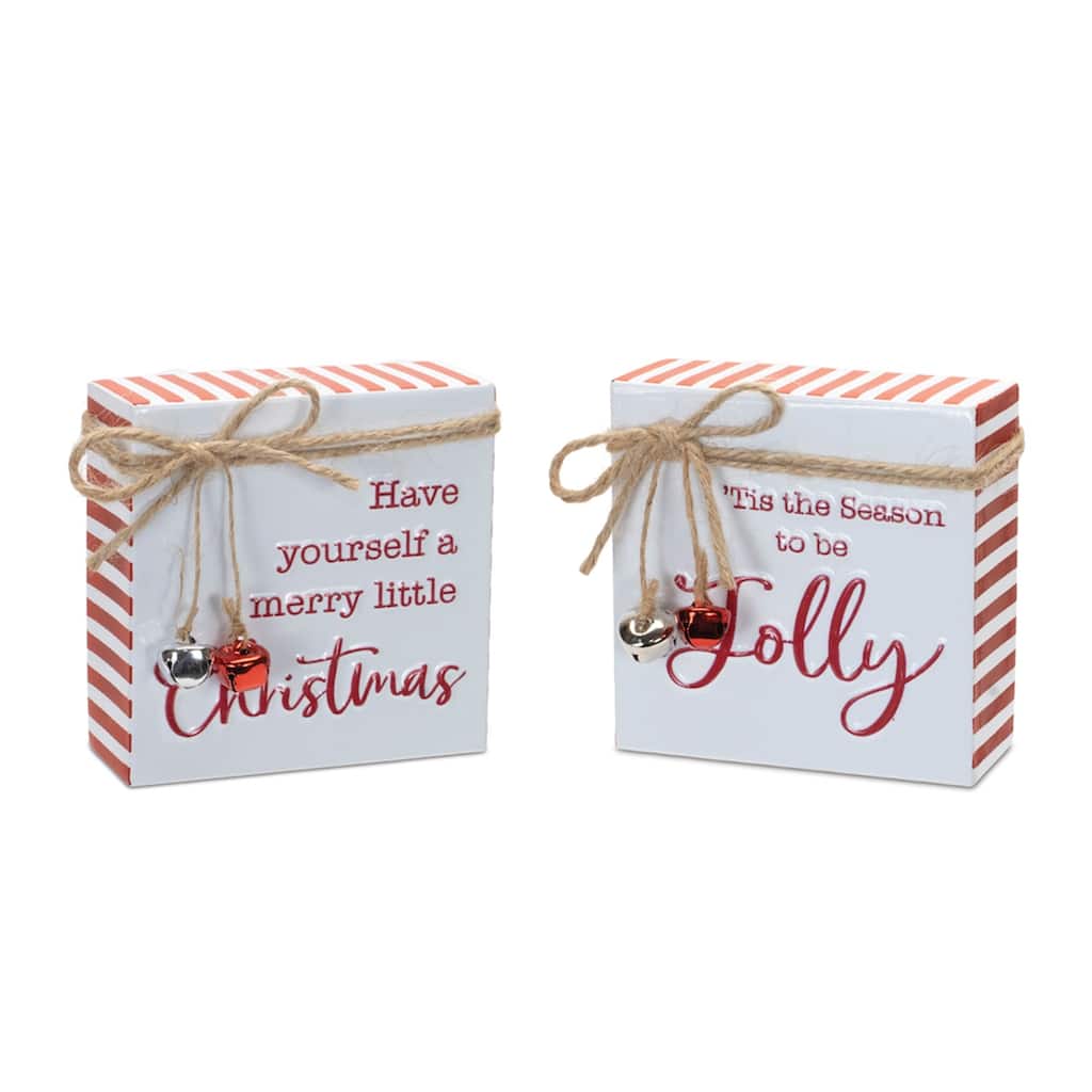Set of 2 Red and White Metal Merry Christmas and Jolly Sign with Festive Sleigh Bell Accents - 4”L x 1.5”W x 4”H
