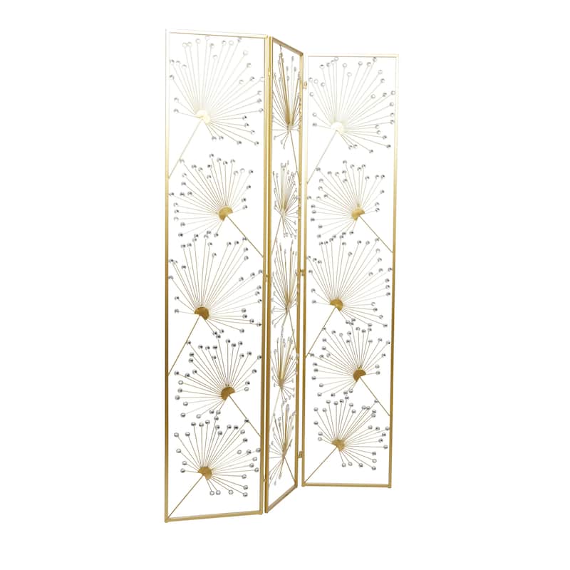 Metal Floral Hinged Foldable Partition 3 Panel Room Divider Screen with Crystal Embellishments - Gold - Roche River Decor