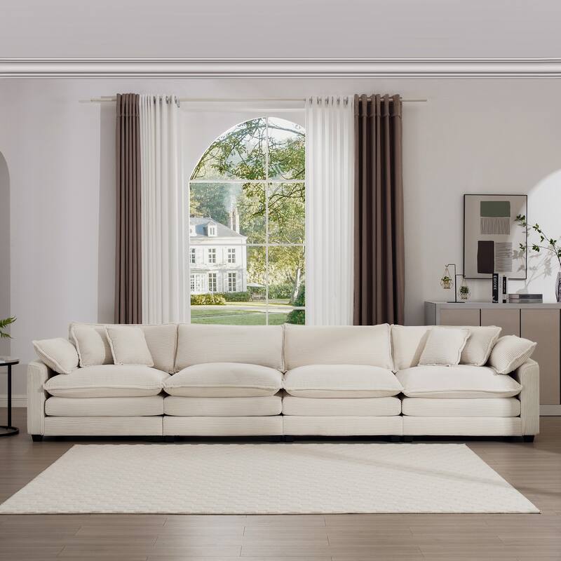 Corduroy Fabric Sectional Sofa Set with Seat Cushions and Pillows, 4 Seater Upholstered Sofa with Removable Armrests