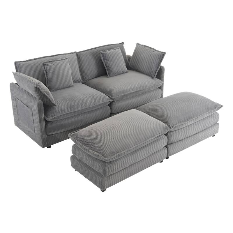75.6" Corduroy Upholstered Modular Sleeper Sectional Sofa with Side Storage Pockets
